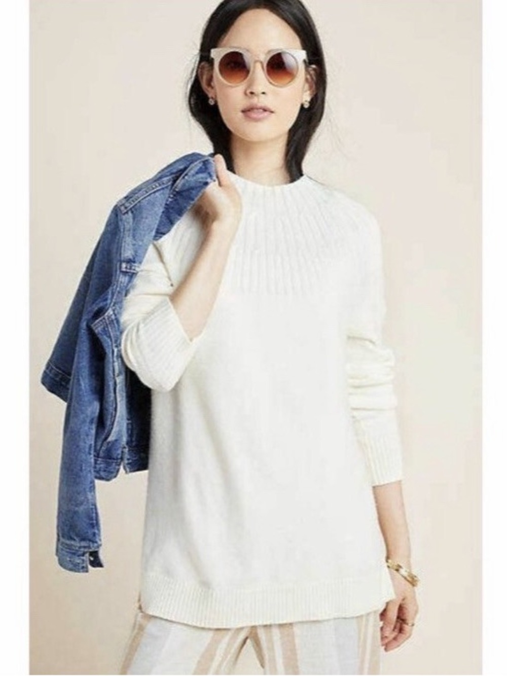 Anthropologie Welford Mock Neck Pullover Sweater Cream Ribbed Yoke Size XL